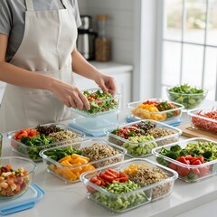 Woman preparing healthy meal prep containers