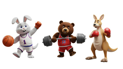 Cartoon 3D animals (bunny basketball player, bear weightlifter, kangaroo boxer) in dynamic sports poses, transparent background 