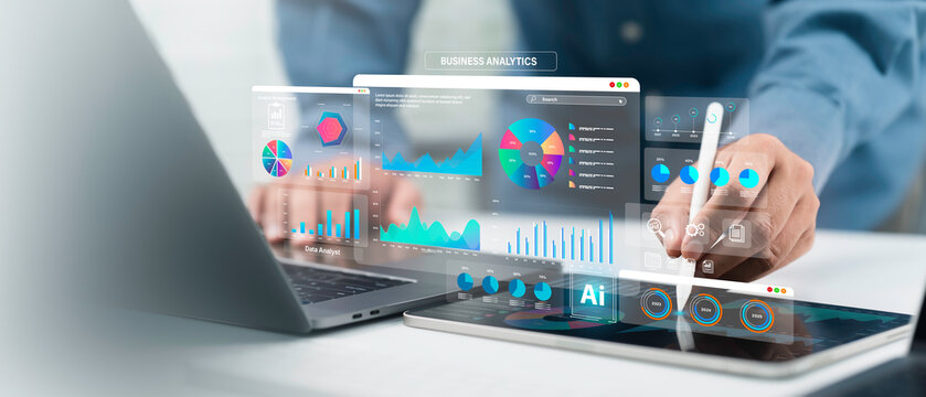 Business analytics and data management system to financial report with business performance, KPI or SEO dashboard. Corporate strategy, digital marketing plan. Finance analyst working with Ai