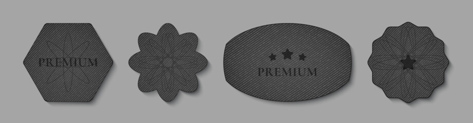 Premium black denim fabric patches collection - dark jeans material labels of various shapes. Textured cotton cloth badges with stripe pattern. Realistic vector set for fashion design branding.