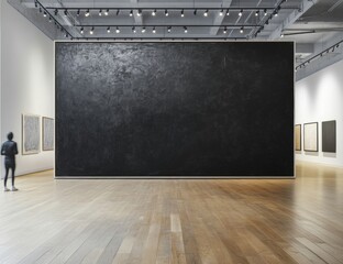 A large black painting hangs on the wall of a museum