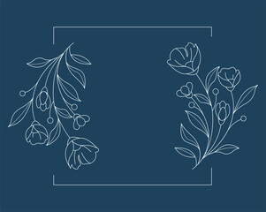Floral and square hand drawn style. Floral navy frame of twigs, leaves and flowers. Frames for the Valentine's day, wedding decor, logo and identity template.