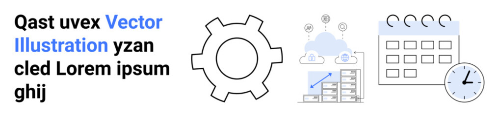 Gear beside cloud with growth chart, calendar, and clock symbols for planning, productivity, teamwork, scheduling, organization, analytics business growth. Ideal for simple landing page