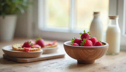 Fresh strawberries in wooden bowl next to milk bottles on table  