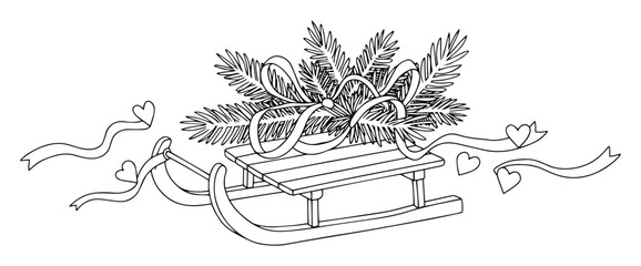 christmas sled decor outline - pine branches and ribbons vector