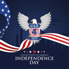 Patriotic 4th July Independence Day 2025 Card. 4th July Emblem with Eagle, F-22 Raptor Flyover New York City Illustration. 4th ofJuly USA Independence Day Text. 