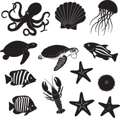 Fototapeta premium Black Silhouette Sea Creatures 