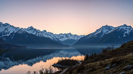 Serene Mountain Lake Reflection at Sunrise - AI Generated