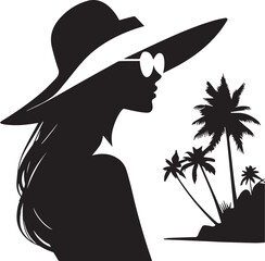 Elegant Woman in Summer Hat at Tropical Beach – Vector Silhouette Art