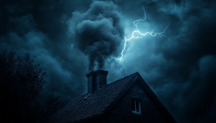 A house with a chimney and a lightning bolt in the sky
