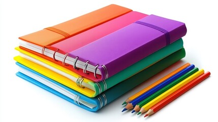 Colorful Notebooks and Crayons on White Background for Education