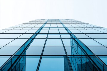 A tall building with many windows and a blue sky in the background