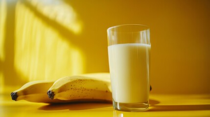 Fresh Banana Smoothie with Bananas on Bright Yellow Table