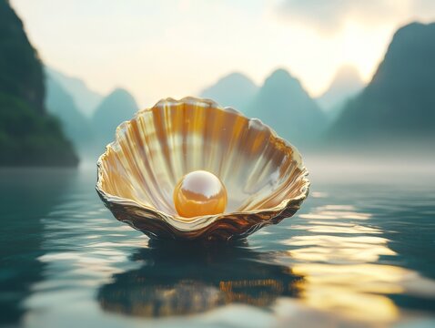 Opulent Pearl in Golden Shell on Tranquil Waters: A Luminous Reflection of Nature's Treasure, with a Gentle Ripple and Ethereal Glow, a Scenic Backdrop