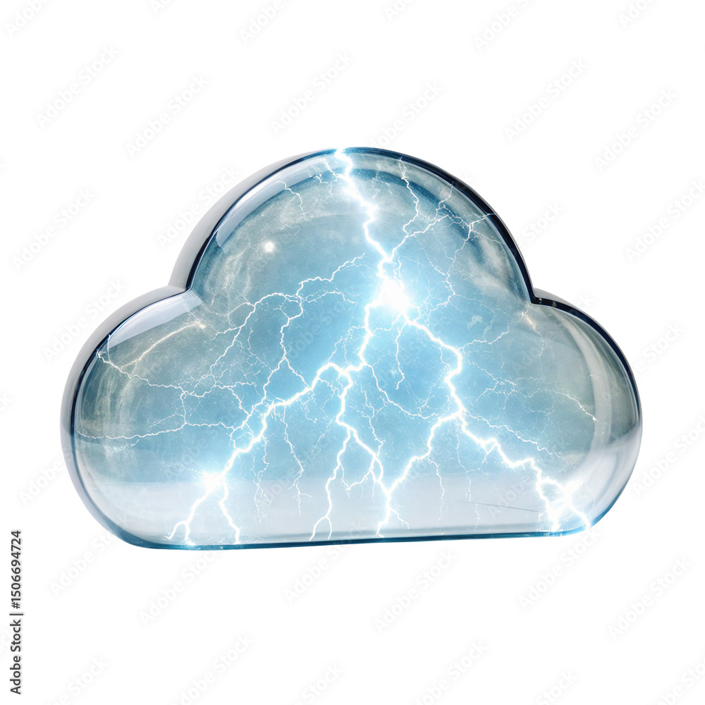 Poster lightning is flashing inside a glass cloud computing data crystal on transparent background, symboli