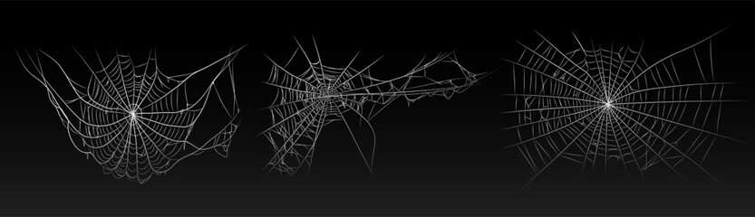 Halloween old spooky cobweb with various sizes and shapes. Old spider web set vector illustration dark gothic decoration for holidays. Corner spider net insect thread cobweb scary frames.