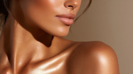 Tanned smooth skin on shoulder and neck with natural light highlighting healthy glowing body skin