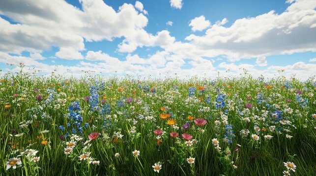 Vibrant wildflowers in a lush green meadow under a bright, partly cloudy blue sky.  A colorful, idyllic summer scene