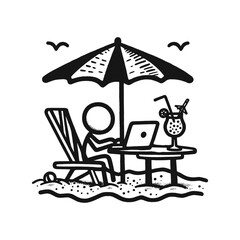 Stick figure remote work concept with laptop and beach workspaces. Simple vector illustration