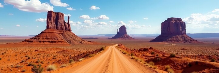 Fototapeta premium Empty, winding dirt road amidst iconic Monument Valley formations , curve, sandstone