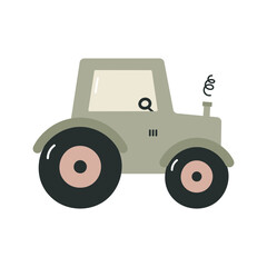 Green tractor on white background. Isolated vector illustration in flat cartoon style. For fabric, wrapping, cards, textile, wallpaper, apparel.