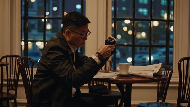 Investigator reviewing photos on digital camera in cafe