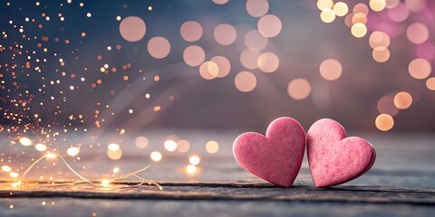 Happy Valentine's Day valentines day, love or birthday celebration holiday background banner illustration greeting card - Two pink hearts on table with bokeh lights and glitter