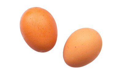 Two brown chicken eggs isolated on transparent PNG background. Farm eco product