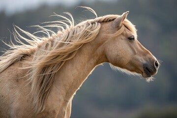 Majestic Palomino Horse with Flowing Mane in Misty Field – Photorealistic 8K Scene with Dramatic Lighting