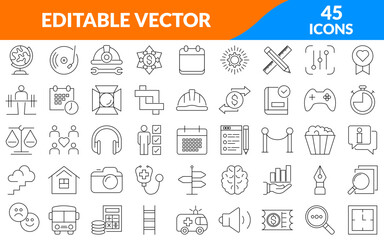 Set of 45 flat icons. Linear icon collection. Editable stroke. Vector illustration