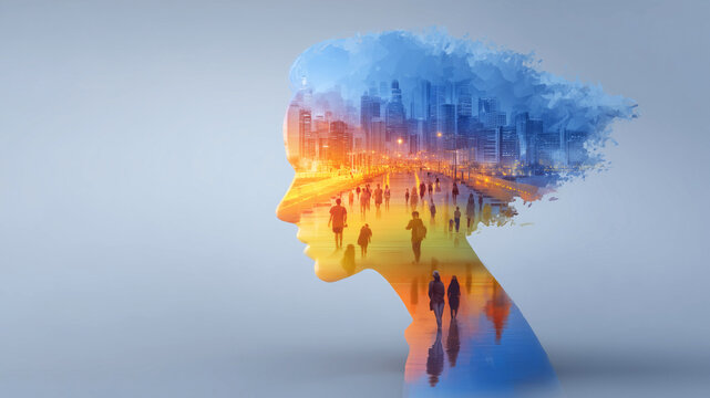 Double exposure illustration blending woman head profile silhouette with skyline and walking people, representing impact of hectic city life on mental health