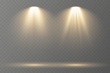 Realistic spotlights shine brightly on transparent background.
Soft projector beams reflect subtly on glossy floor.
Focused light rays create dramatic stage composition.
Concert lighting glows
