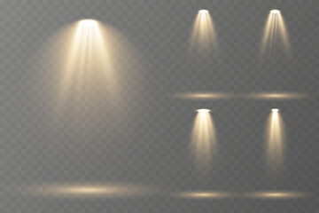 Realistic spotlights shine brightly on transparent background.
Soft projector beams reflect subtly on glossy floor.
Focused light rays create dramatic stage composition.
Concert lighting glows