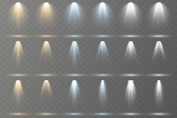 Stage spotlights emit strong white directional light beams.
Reflections add depth to spotlight scenes on floor.
Transparent allows seamless web or poster use.
Concert lighting set includes soft beams
