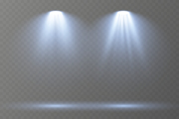 Obraz premium Realistic spotlights shine brightly on transparent background. Soft projector beams reflect subtly on glossy floor. Focused light rays create dramatic stage composition. Concert lighting glows