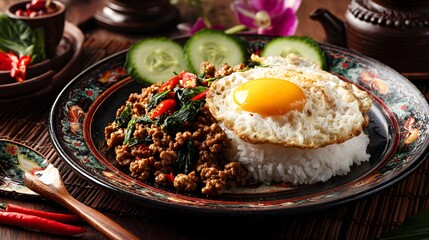 Thai food: Minced pork with holy basil and fried egg