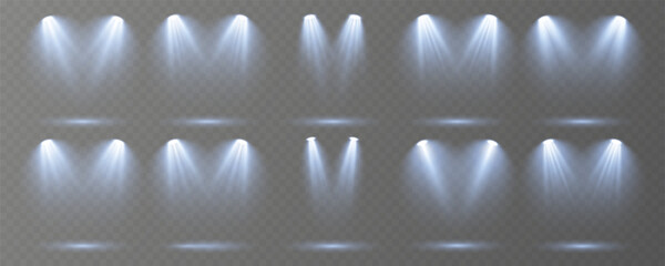 Stage spotlights emit strong white directional light beams.
Reflections add depth to spotlight scenes on floor.
Transparent allows seamless web or poster use.
Concert lighting set includes soft beams