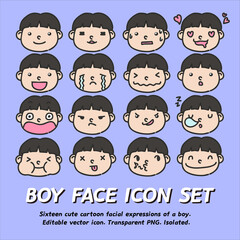 Cute emoji face icon set with various facial expressions. Editable vector. Isolated.
