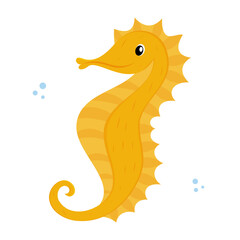yellow seahorse with small bubbles, on a clean white background, marine life and ocean fun