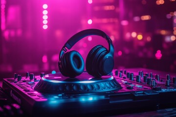 A pair of headphones is on a turntable in a room with neon lights