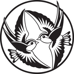 Two symmetrical flying birds form a circular pattern, representing harmony and unity. Ideal for wedding logos, tattoo flash, or nature branding.