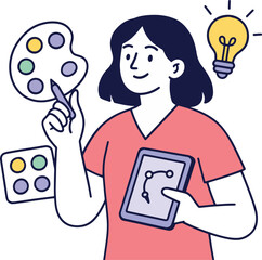 Creative Girl with Idea, Tablet and Palette - Vector Illustration.