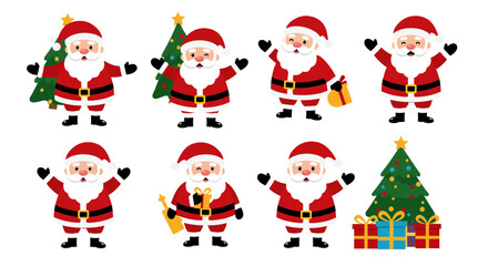 Cartoon Santa Clauses and Christmas Trees with Gifts Illustration