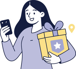 Online Shopping Vector: Woman with Phone and Gift Box