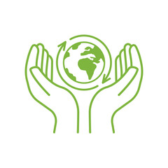 Line art of two hands holding a green Earth with circular arrows, symbolizing sustainability, environmental protection, and global recycling efforts, Vector illustration