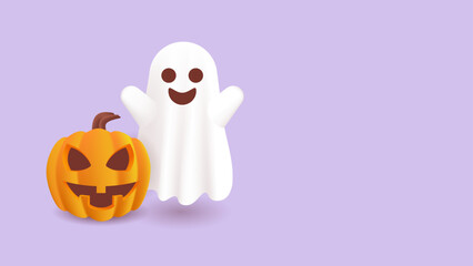 Smiling ghost is beside a carved jackolantern.