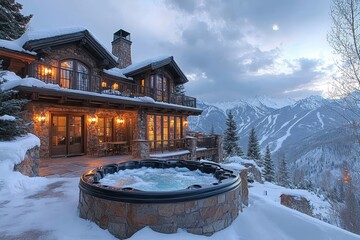 Mountaintop luxury home, snowy spa, twilight view