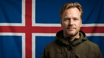 Blonde man portrait with Icelandic flag background. Middle aged male representing national identity and patriotism. Iceland concept. National Day in Iceland, June 17.
