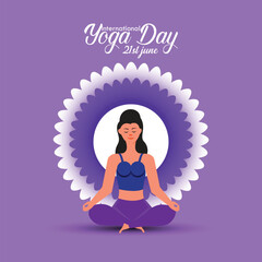 21 June Happy international yoga day banner with woman in meditation yoga pose
