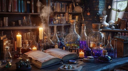 A dimly lit alchemist's workshop, filled with glass bottles containing colorful liquids, books, candles, and bubbling potions, exuding a mystical atmosphere